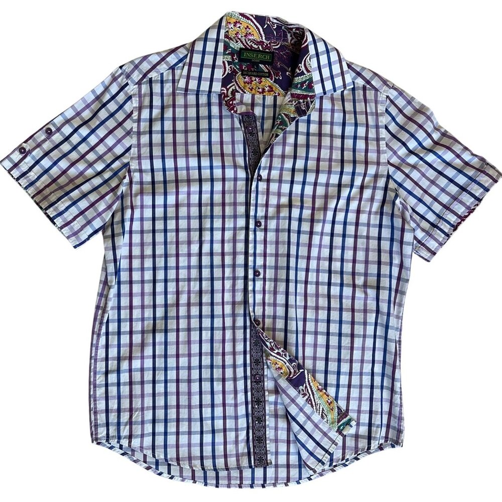 Mens Insertch Icon Jacquard Cotton Plaid Short Sleeve Shirt L Purple/White/Blue